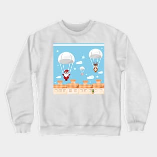 Santa Claus and red nosed reindeer as parachutists Crewneck Sweatshirt